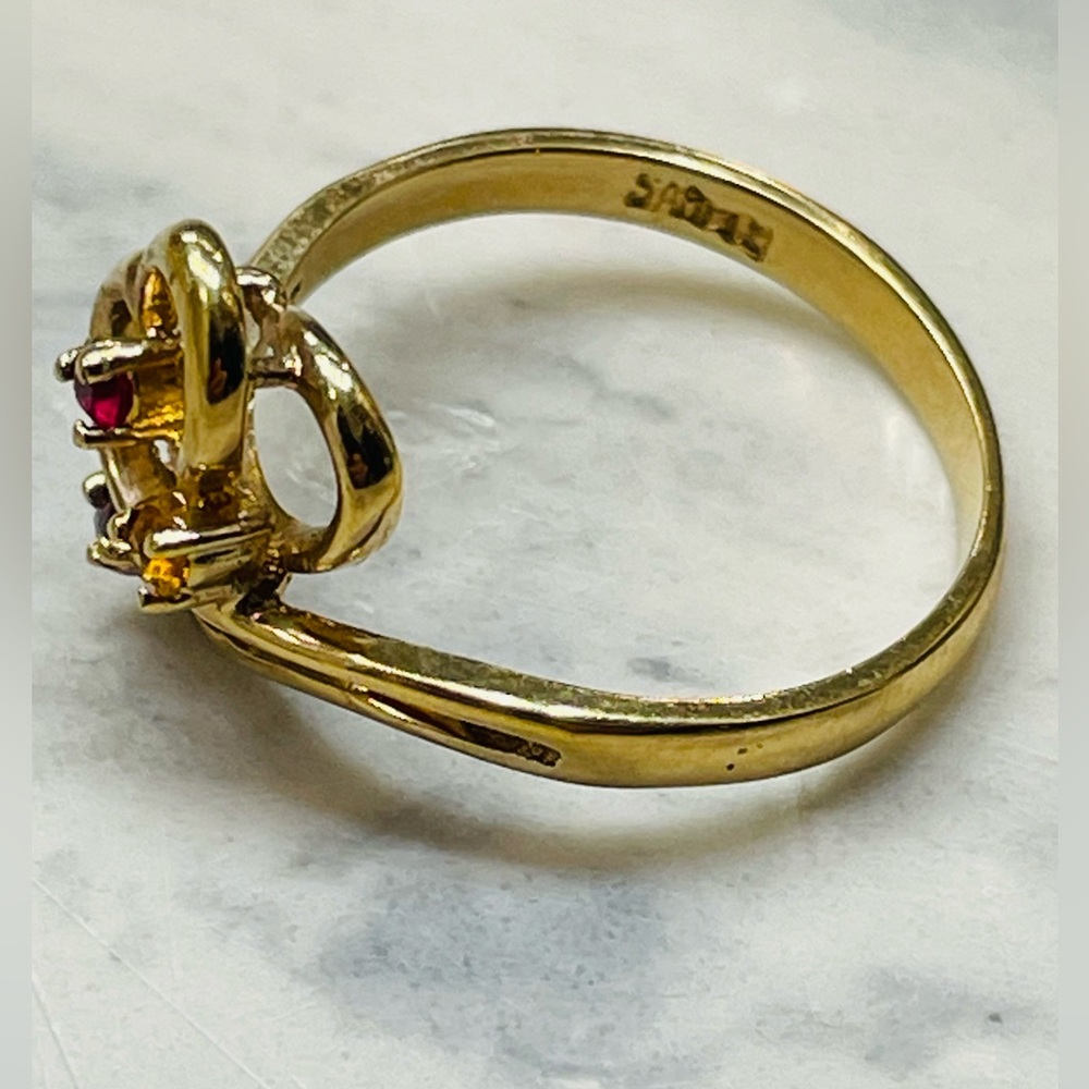 Vintage yellow gold tone open swirl ring 3 round-cut stones 6.5 Y2K - Picture 5 of 11